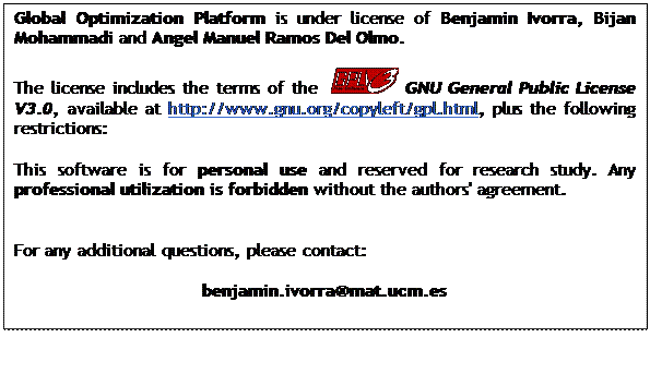 Cuadro de texto: Global Optimization Platform is under license of Benjamin Ivorra, Bijan Mohammadi and Angel Manuel Ramos Del Olmo.

The license includes the terms of the    GNU General Public License V3.0, available at http://www.gnu.org/copyleft/gpl.html, plus the following restrictions:

This software is for personal use and reserved for research study. Any professional utilization is forbidden without the authors' agreement.


For any additional questions, please contact: 

benjamin.ivorra@mat.ucm.es 


